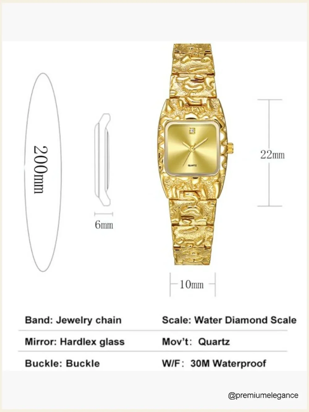 Vintage Square Quartz Dress Wristwatch Textured Alloy Band Gold Tone